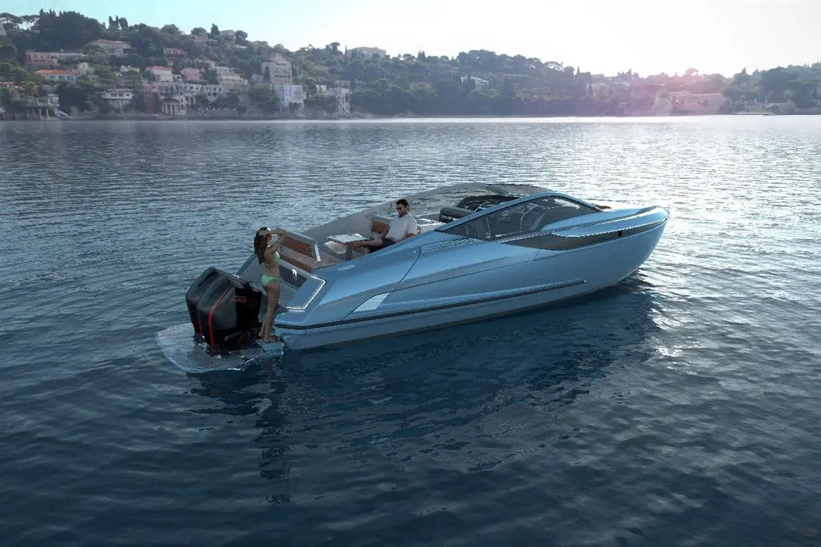 A sleek motorboat on calm water, with a woman in a swimsuit onboarding and a man relaxing at the helm, scenic backdrop.
